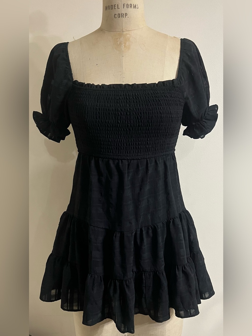 Thirty Thirty LA Revolve Smocked Puff Sleeve Mini Dress Black Size Small